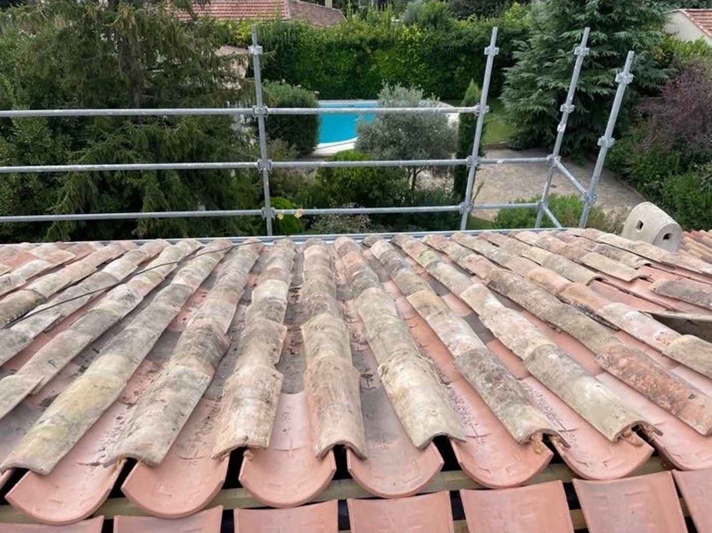 Toiture ancienne envahie de mousse avant démoussage