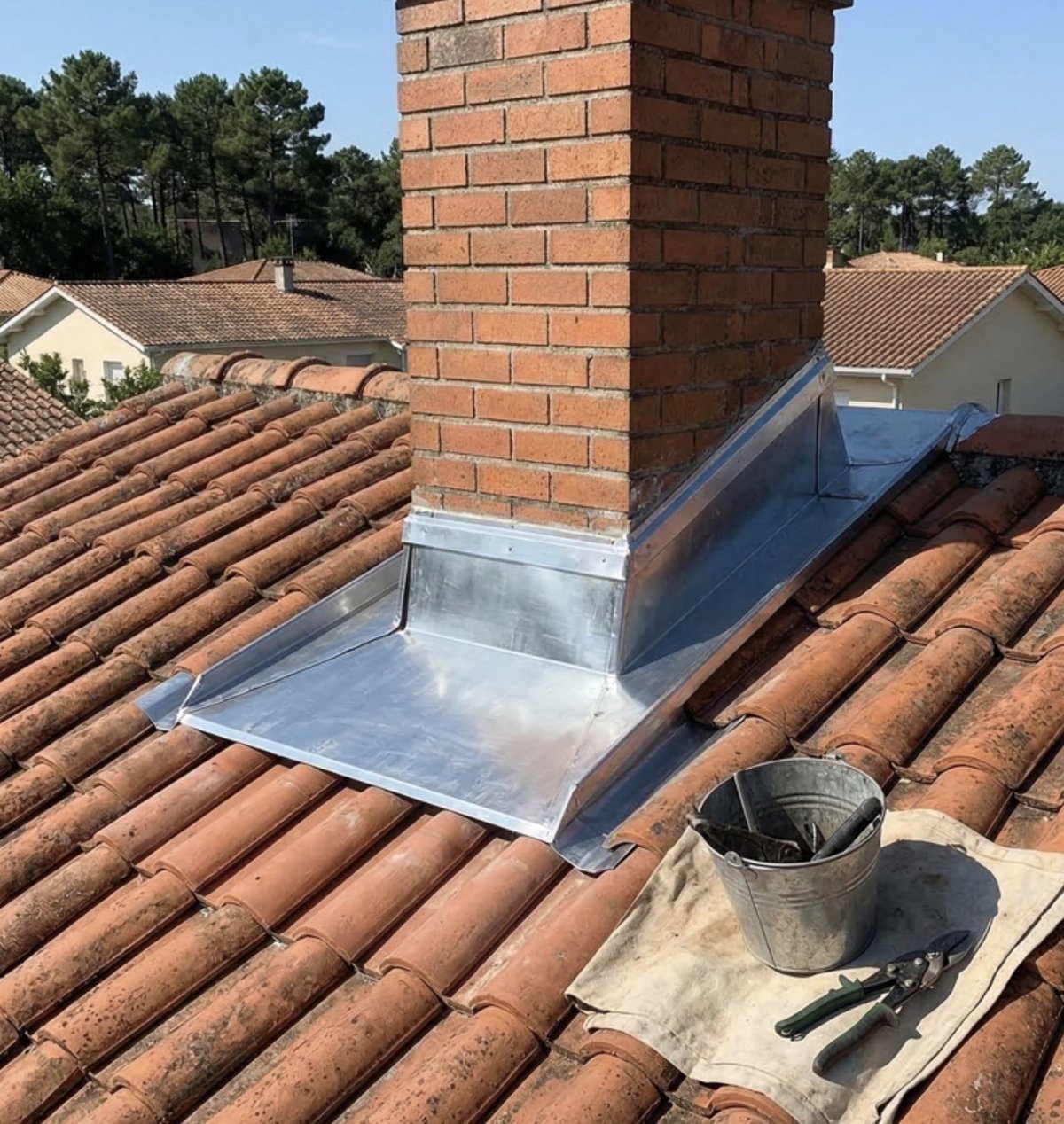 Solin en zinc posé à la base d'une cheminée en brique par BGR Couverture